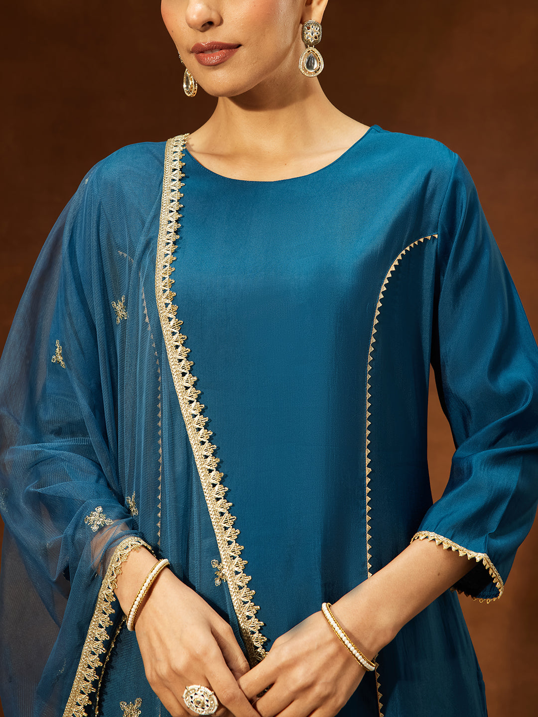 Janasya Women's Teal Blue Chanderi Silk Embelished Straight Kurta Set