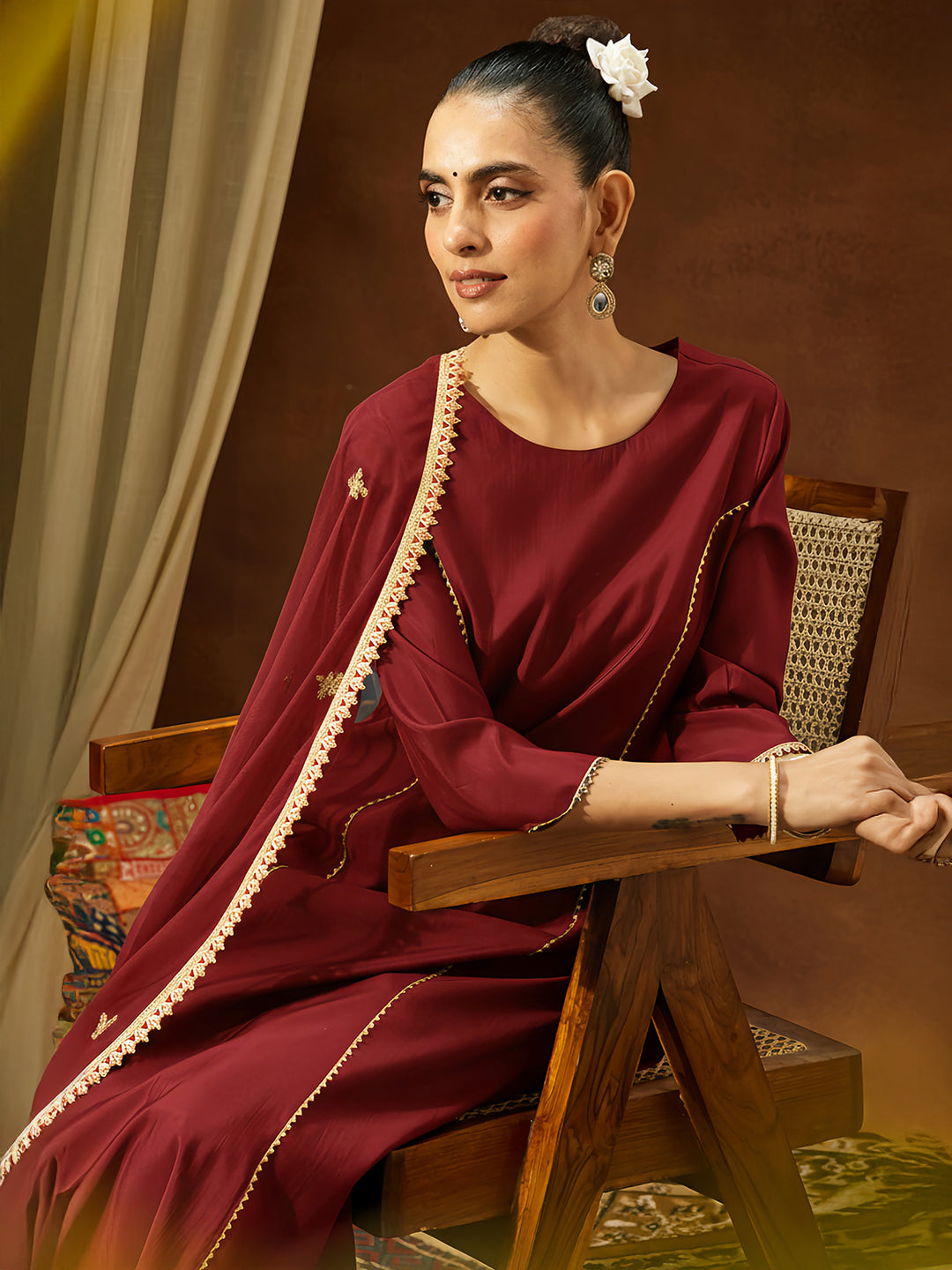 Janasya Women's Maroon Chanderi Silk Embellished Straight Kurta Set
