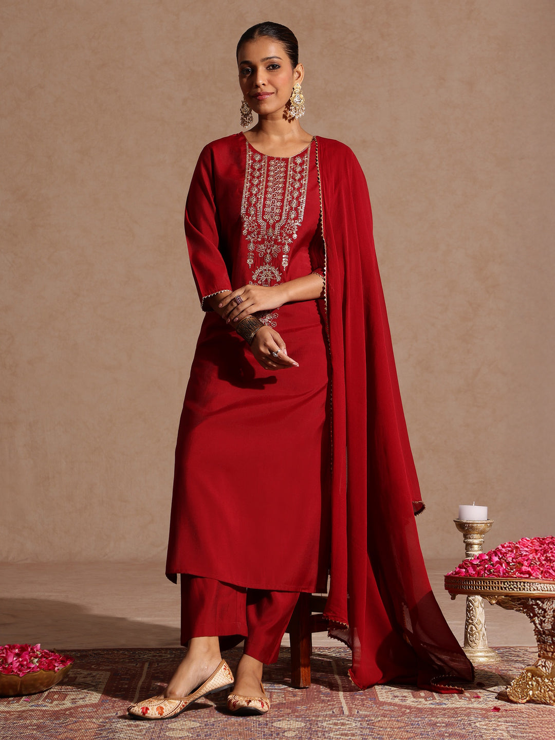 Janasya Women's Maroon Chanderi Silk Zari Yoke Embroidered Straight Kurta Set