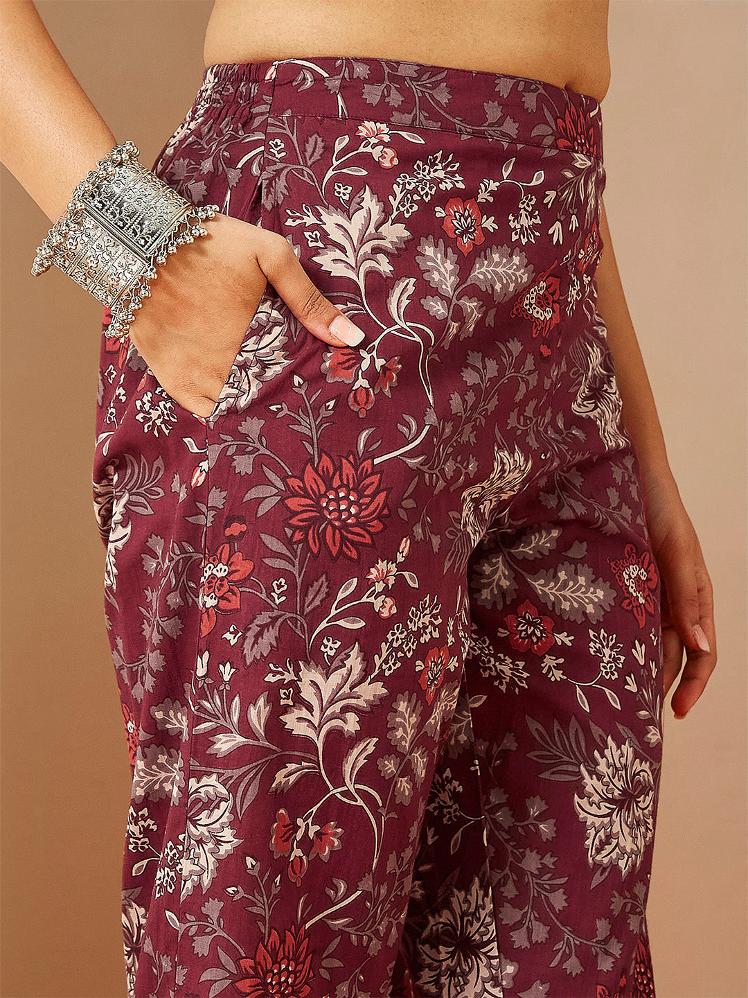 Janasya Women's Burgundy Pure Cotton Embellished Straight Kurta Set