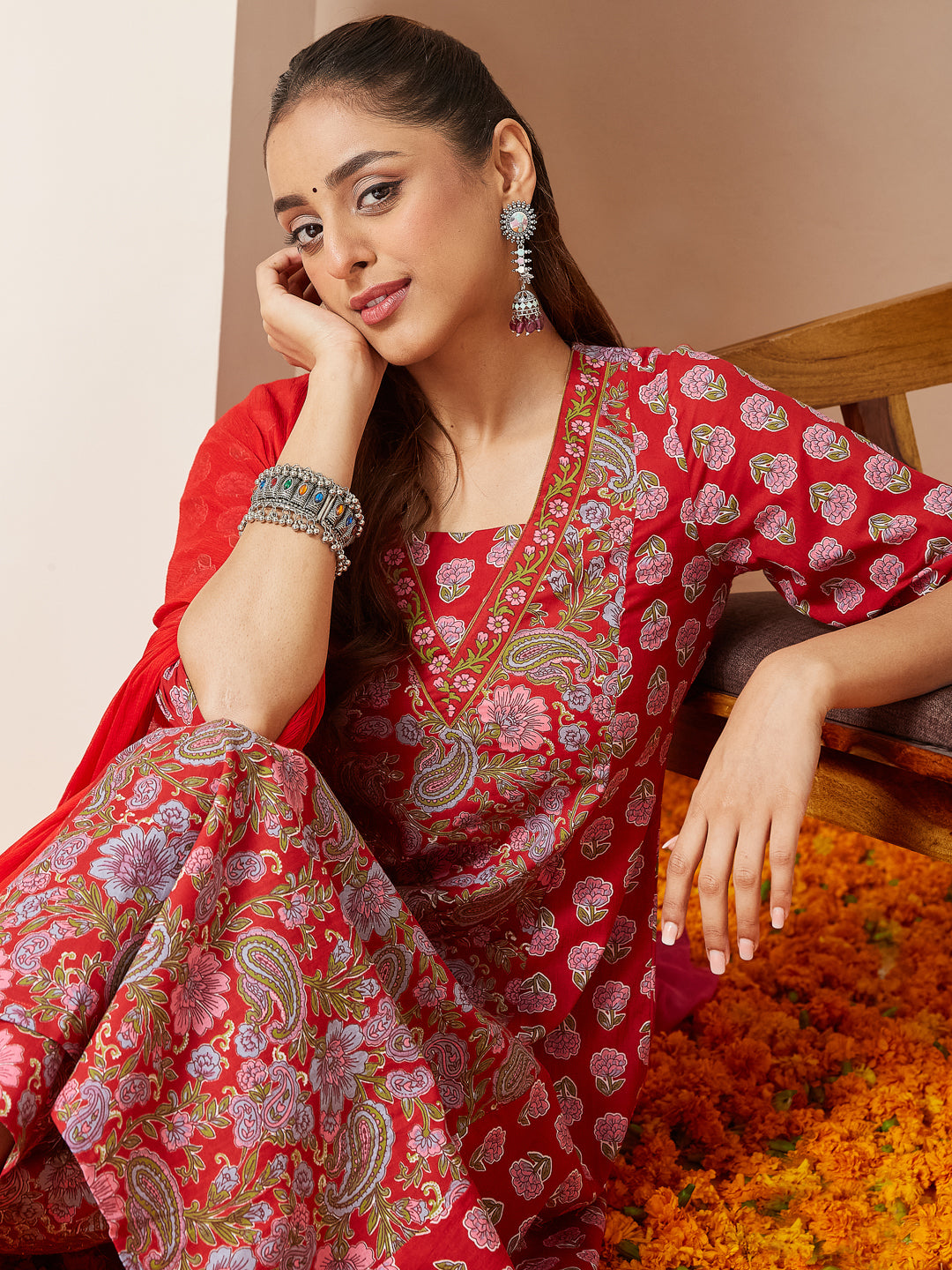 Janasya Women's Red Pure Cotton Floral Printed A-line Kurta Set