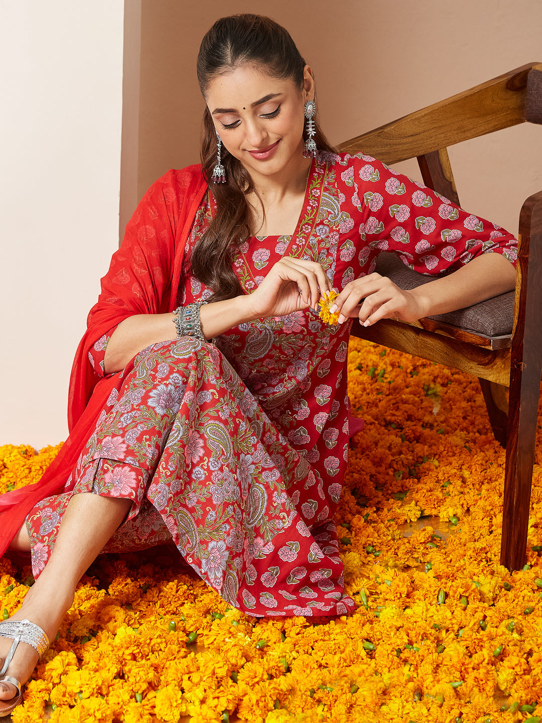 Janasya Women's Red Pure Cotton Floral Printed A-line Kurta Set
