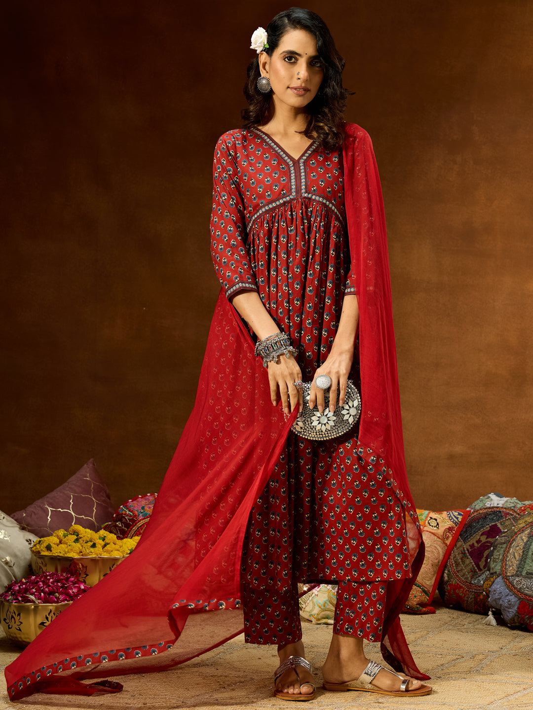 Janasya Women's Maroon Pure Cotton Floral Printed A-line Kurta Set