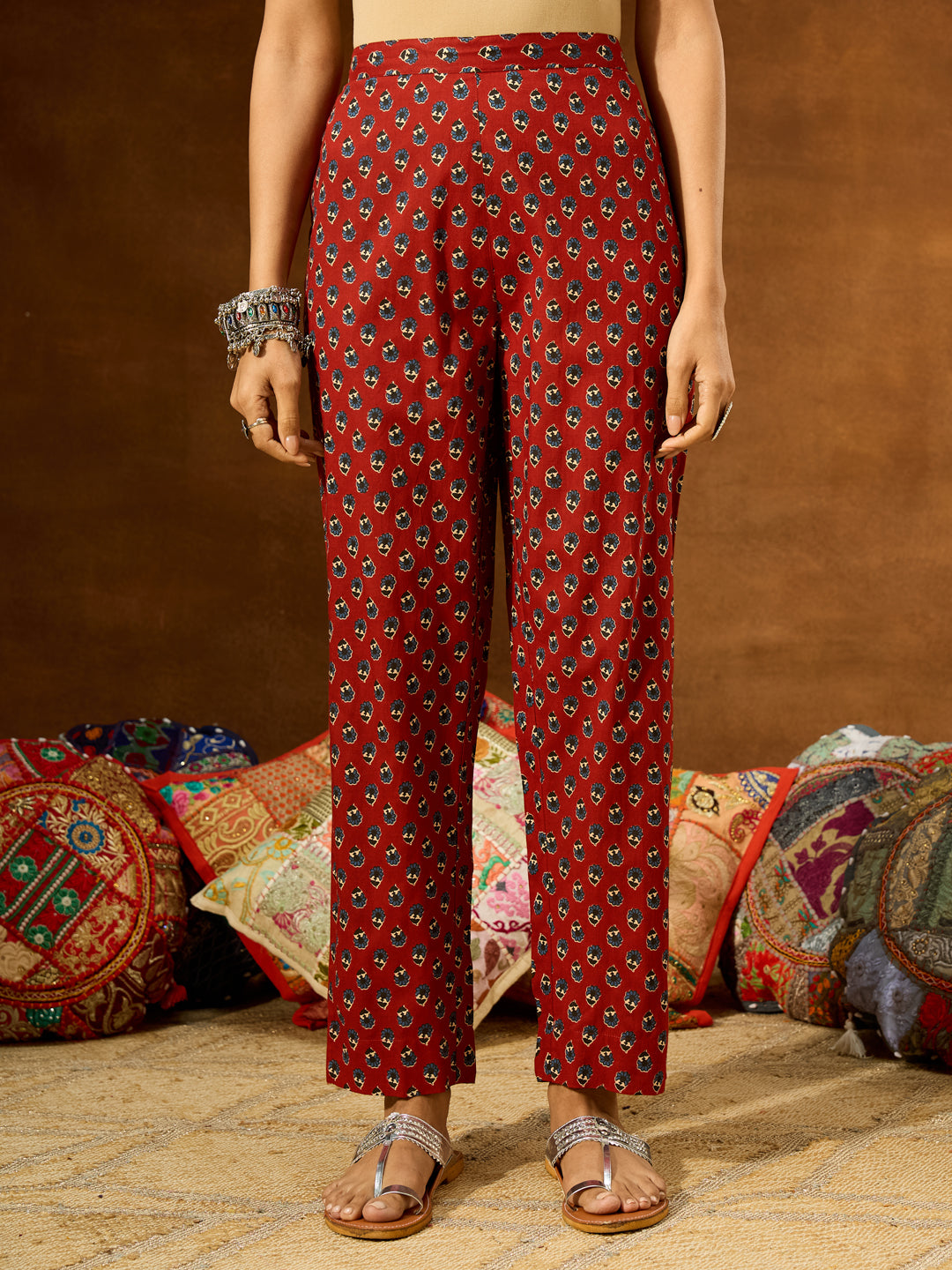 Janasya Women's Maroon Pure Cotton Floral Printed A-line Kurta Set