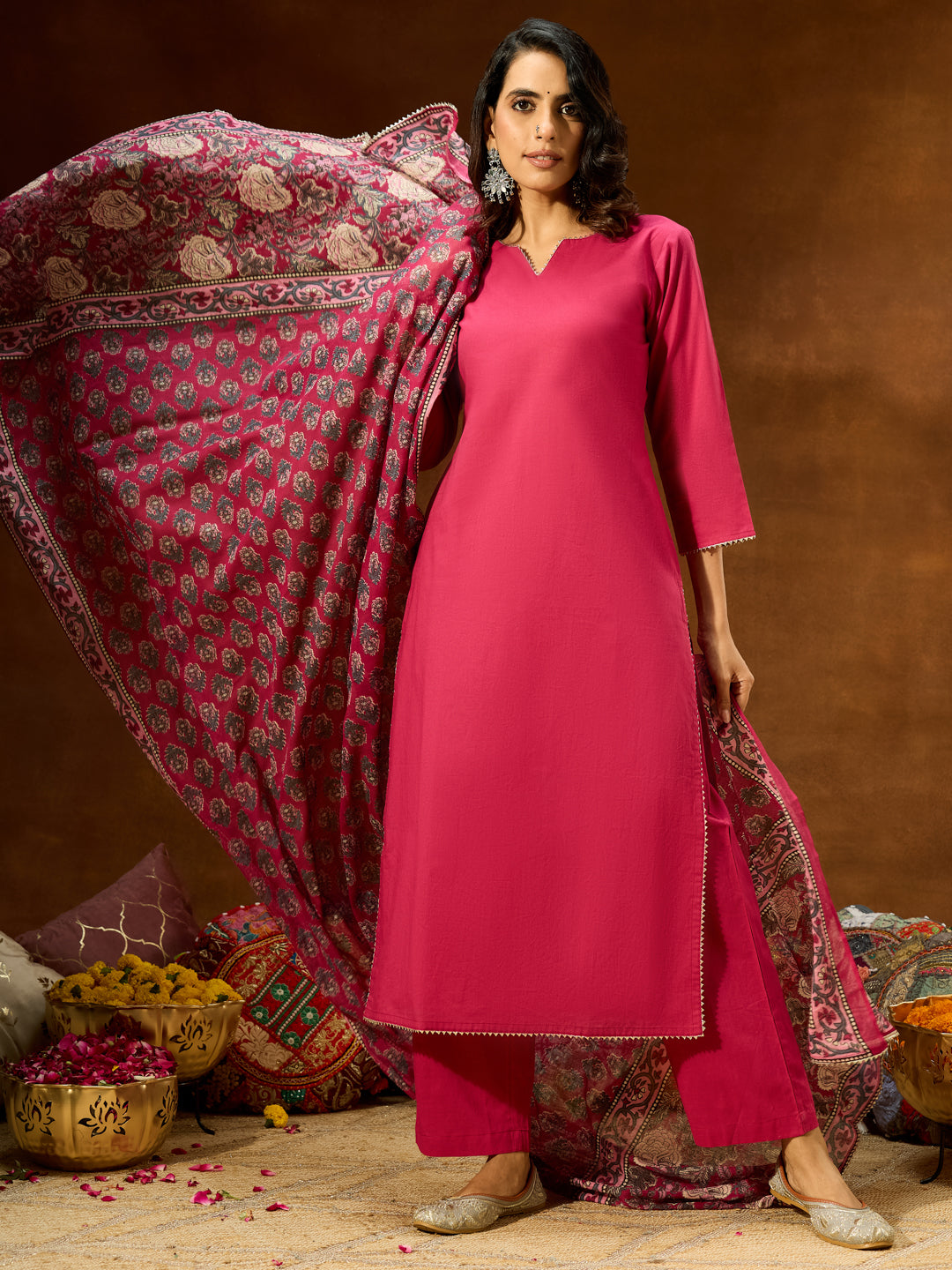Janasya Women's Magenta Pure Cotton Self Design Straight Kurta Set With Printed Dupatta