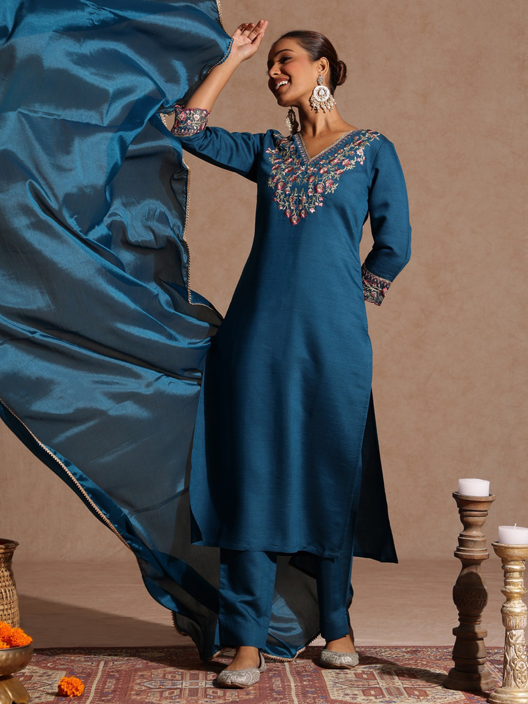 Janasya Women's Teal Blue Silk Blend Yoke Embroidered Straight Kurta Set