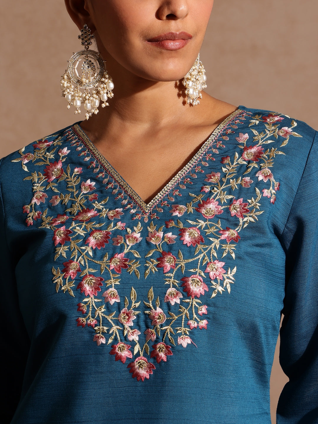 Janasya Women's Teal Blue Silk Blend Yoke Embroidered Straight Kurta Set