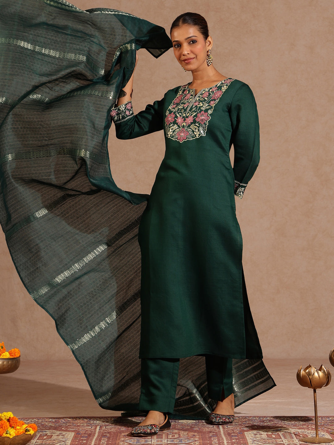 Janasya Women's Bottle Green Silk Blend Yoke Embroidered Straight Kurta Set