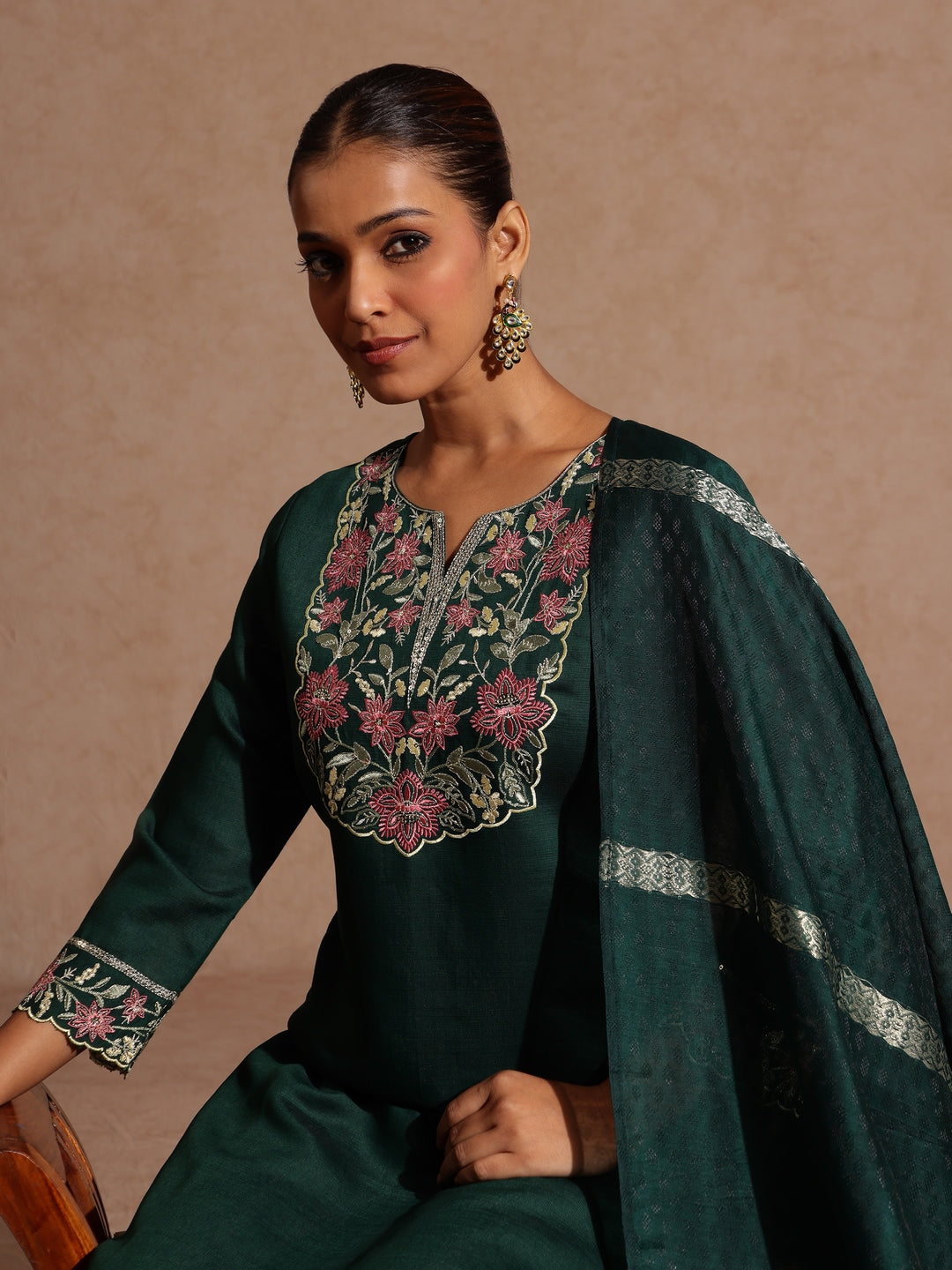 Janasya Women's Bottle Green Silk Blend Yoke Embroidered Straight Kurta Set