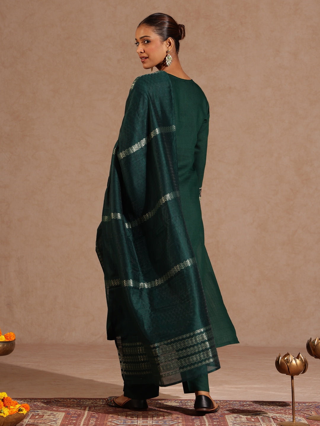 Janasya Women's Bottle Green Silk Blend Yoke Embroidered Straight Kurta Set