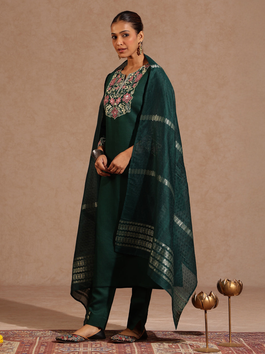 Janasya Women's Bottle Green Silk Blend Yoke Embroidered Straight Kurta Set