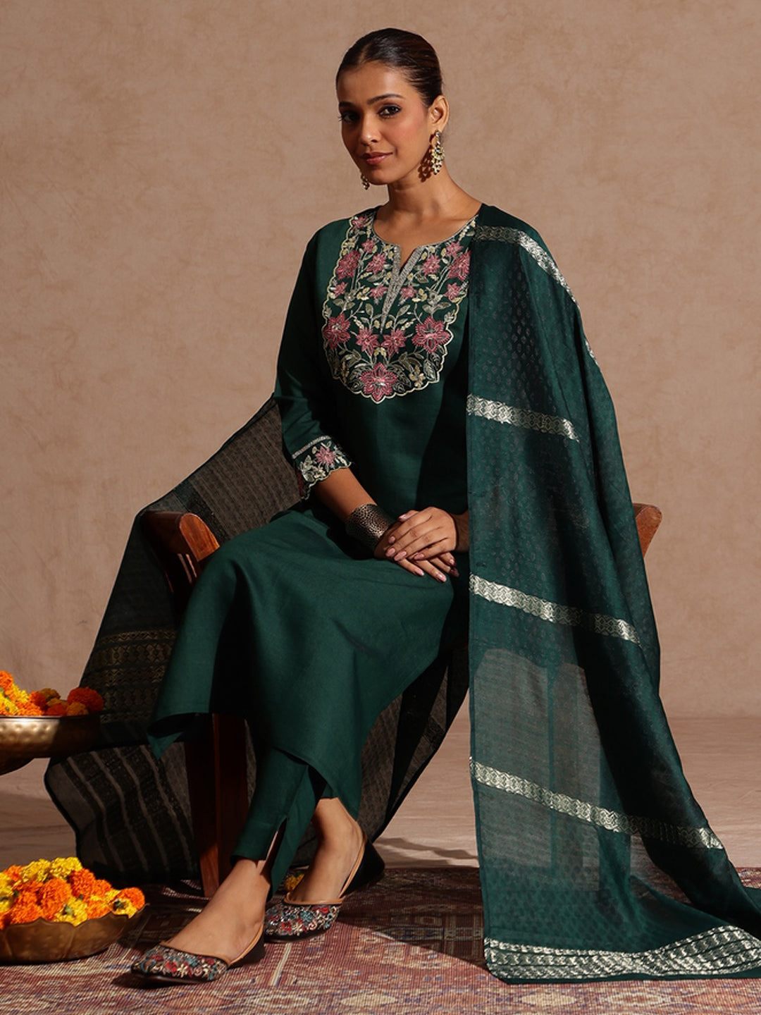 Janasya Women's Bottle Green Silk Blend Yoke Embroidered Straight Kurta Set