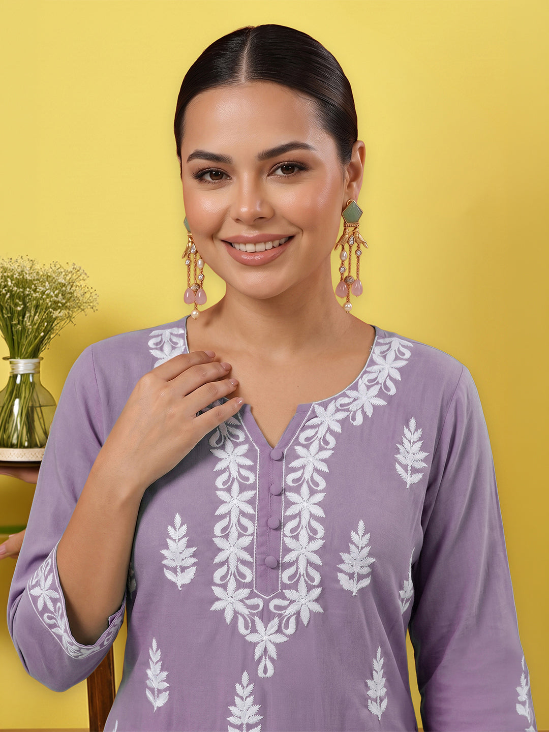 Janasya Women's Light Purple Pure Cotton Embroidered Straight Kurta