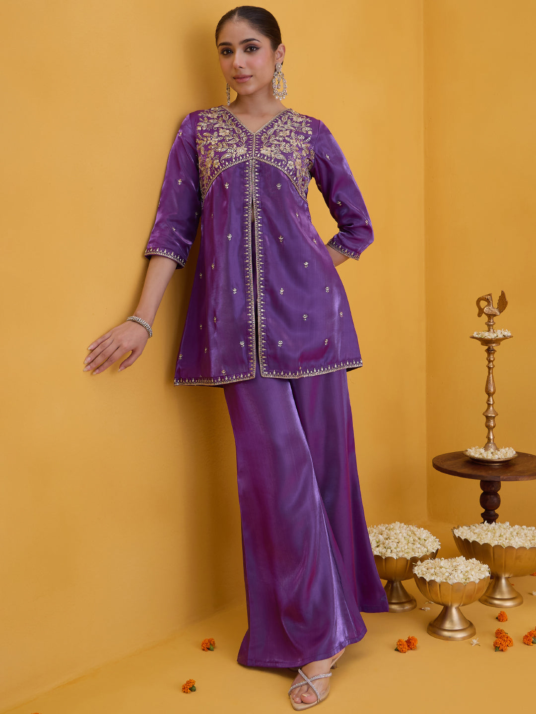 Janasya Women's Purple Silk Blend Floral Zari Embroidered High Slit Co-Ord Set
