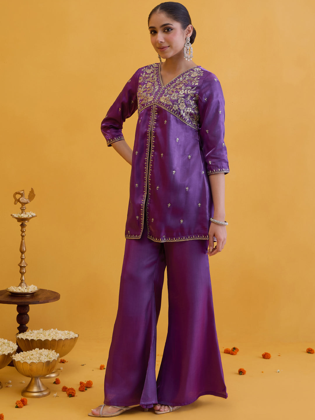 Janasya Women's Purple Silk Blend Floral Zari Embroidered High Slit Co-Ord Set