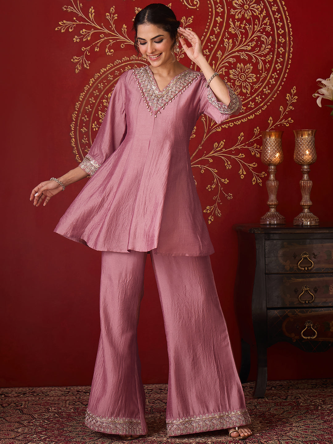 Janasya Women's Blush Pink Silk Blend Yoke Embroidered A-Line Co-Ord Set