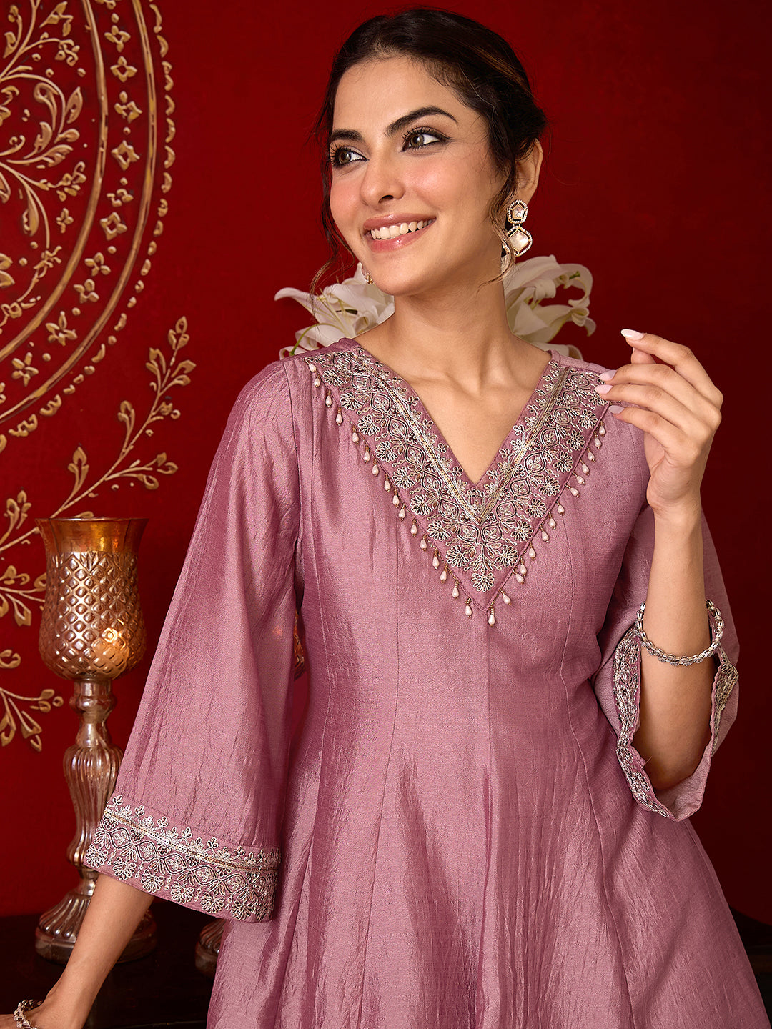Janasya Women's Blush Pink Silk Blend Yoke Embroidered A-Line Co-Ord Set