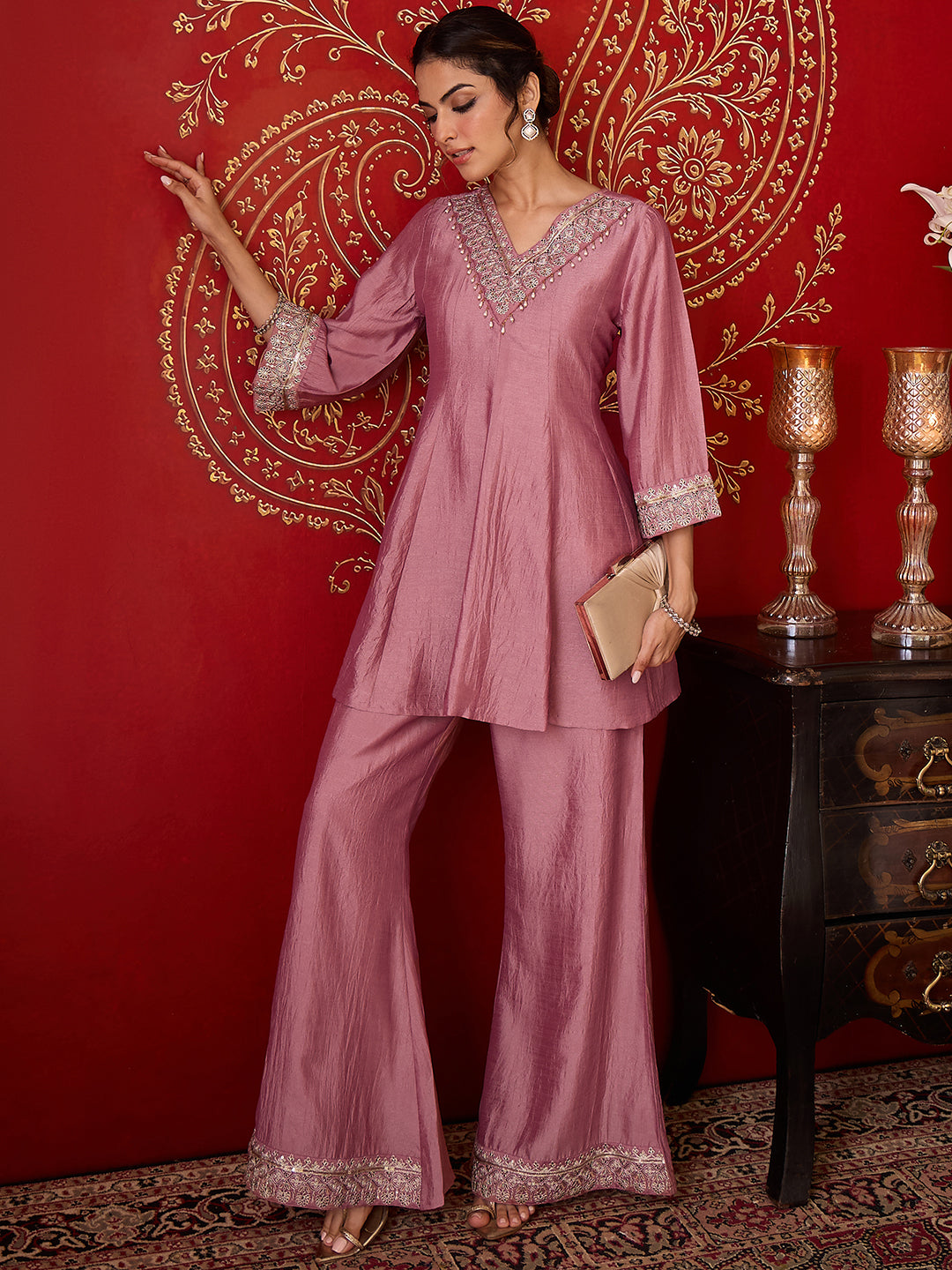Janasya Women's Blush Pink Silk Blend Yoke Embroidered A-Line Co-Ord Set