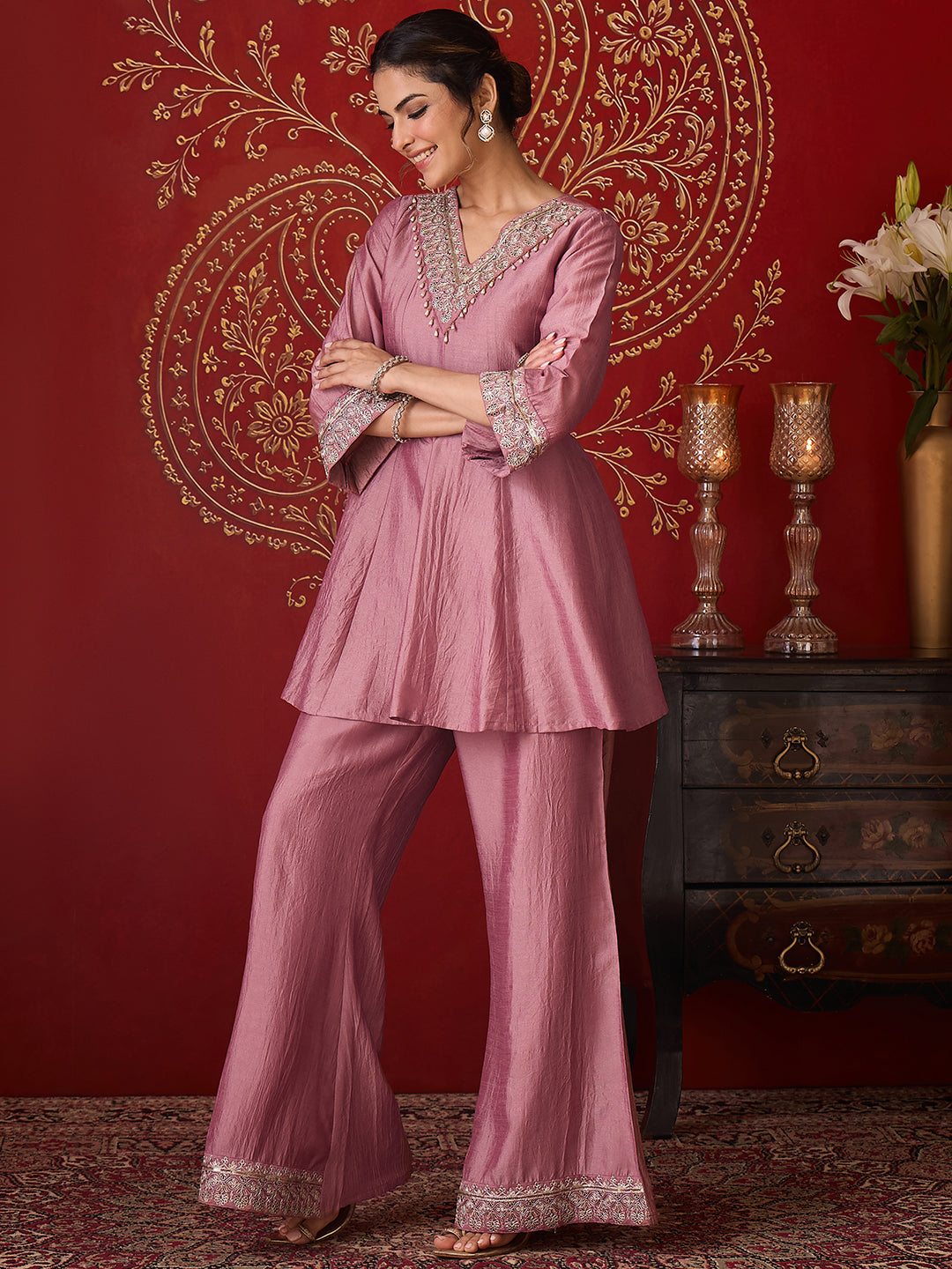 Janasya Women's Blush Pink Silk Blend Yoke Embroidered A-Line Co-Ord Set