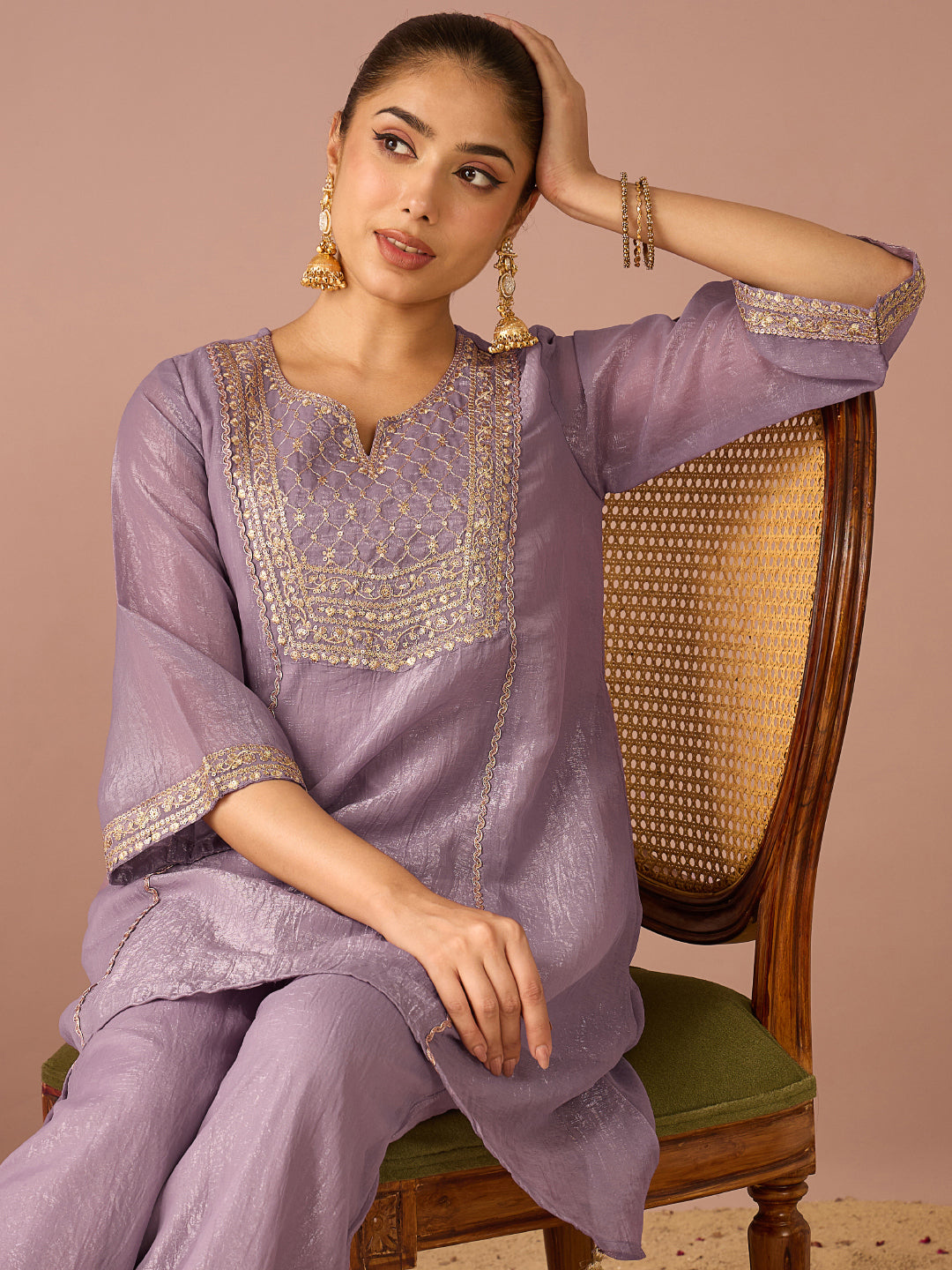 Janasya Women's Lavender Tissue Silk Floral Sequins And Zari Embroidered A-Line Co-Ord Set