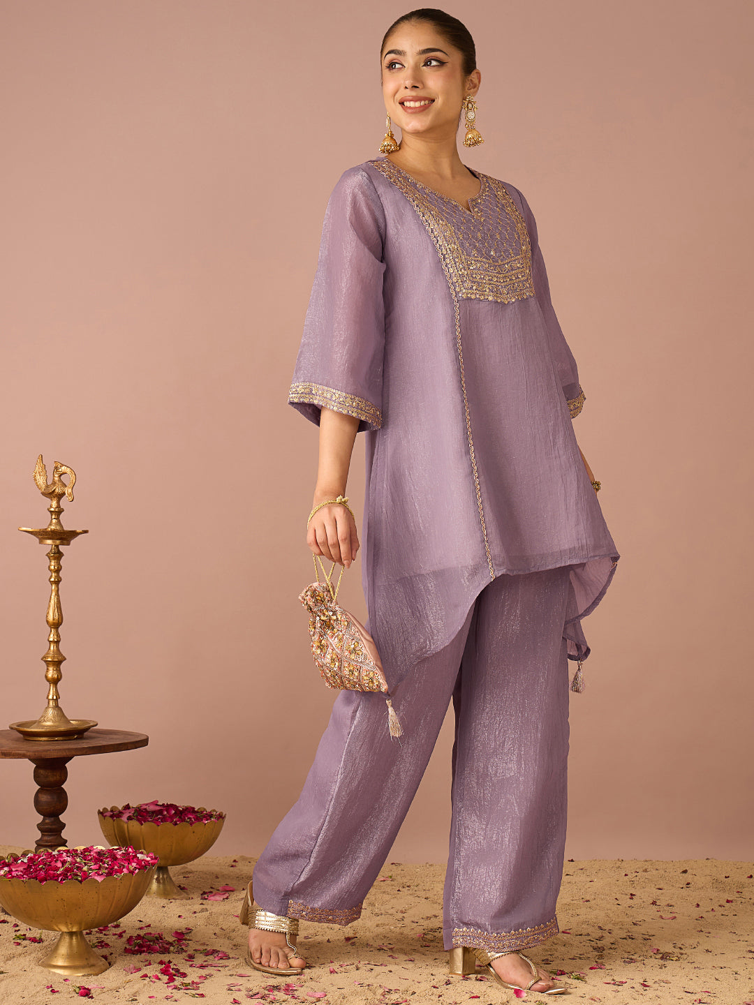 Janasya Women's Lavender Tissue Silk Floral Sequins And Zari Embroidered A-Line Co-Ord Set