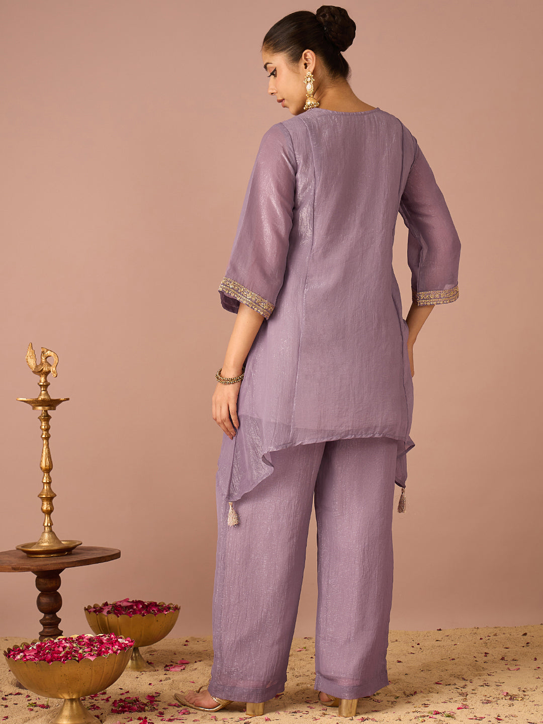 Janasya Women's Lavender Tissue Silk Floral Sequins And Zari Embroidered A-Line Co-Ord Set