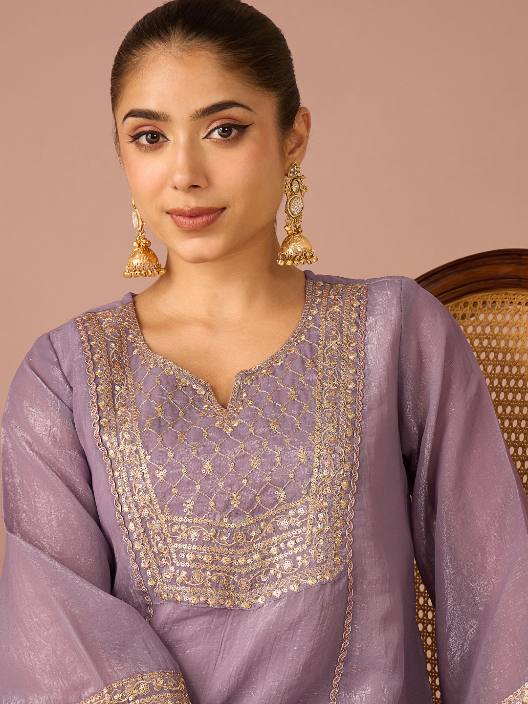 Janasya Women's Lavender Tissue Silk Floral Sequins And Zari Embroidered A-Line Co-Ord Set