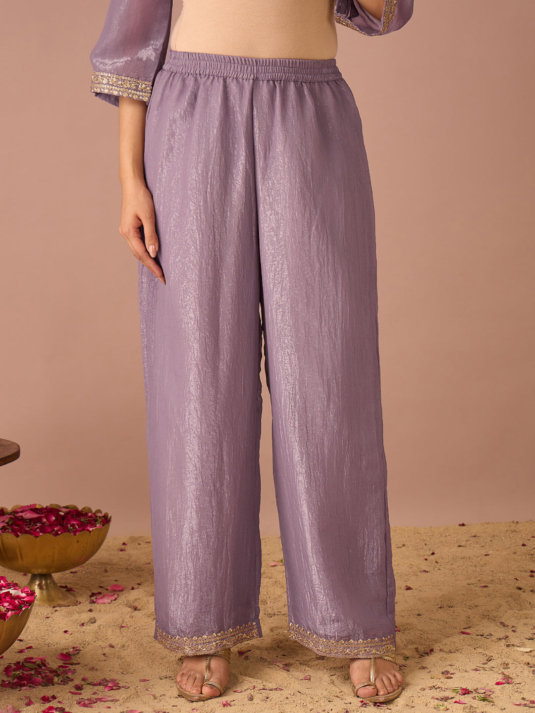 Janasya Women's Lavender Tissue Silk Floral Sequins And Zari Embroidered A-Line Co-Ord Set