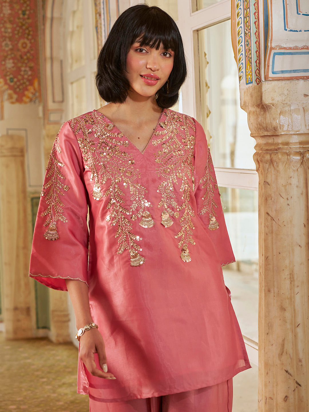 Janasya Women's Blush Pink Silk Blend Floral Yoke Embroidered Straight Co-Ord Set
