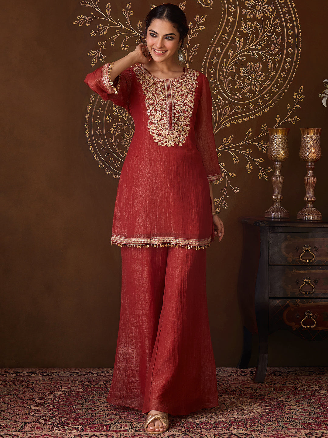 Janasya Women's Rust Tissue Silk Floral Zari Yoke Embroidered Straight Co-Ord Set