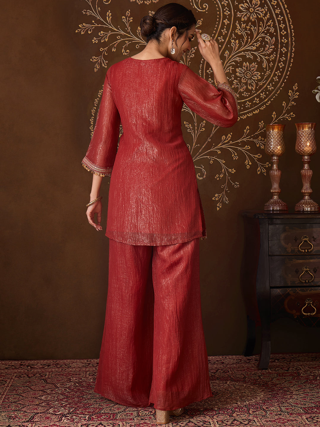 Janasya Women's Rust Tissue Silk Floral Zari Yoke Embroidered Straight Co-Ord Set