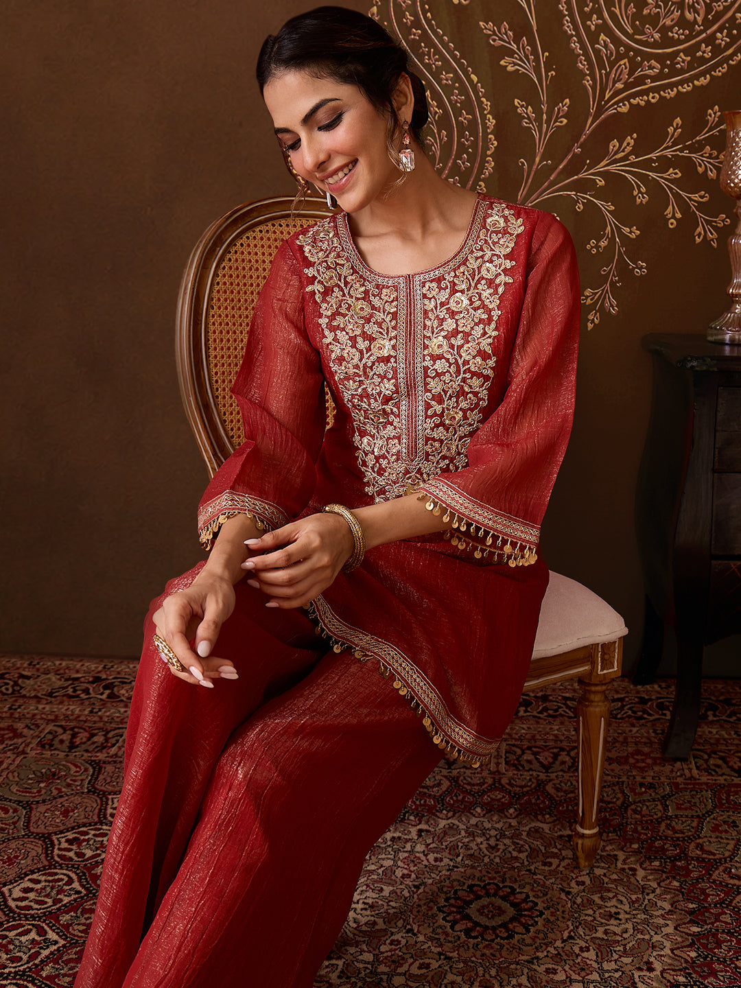Janasya Women's Rust Tissue Silk Floral Zari Yoke Embroidered Straight Co-Ord Set