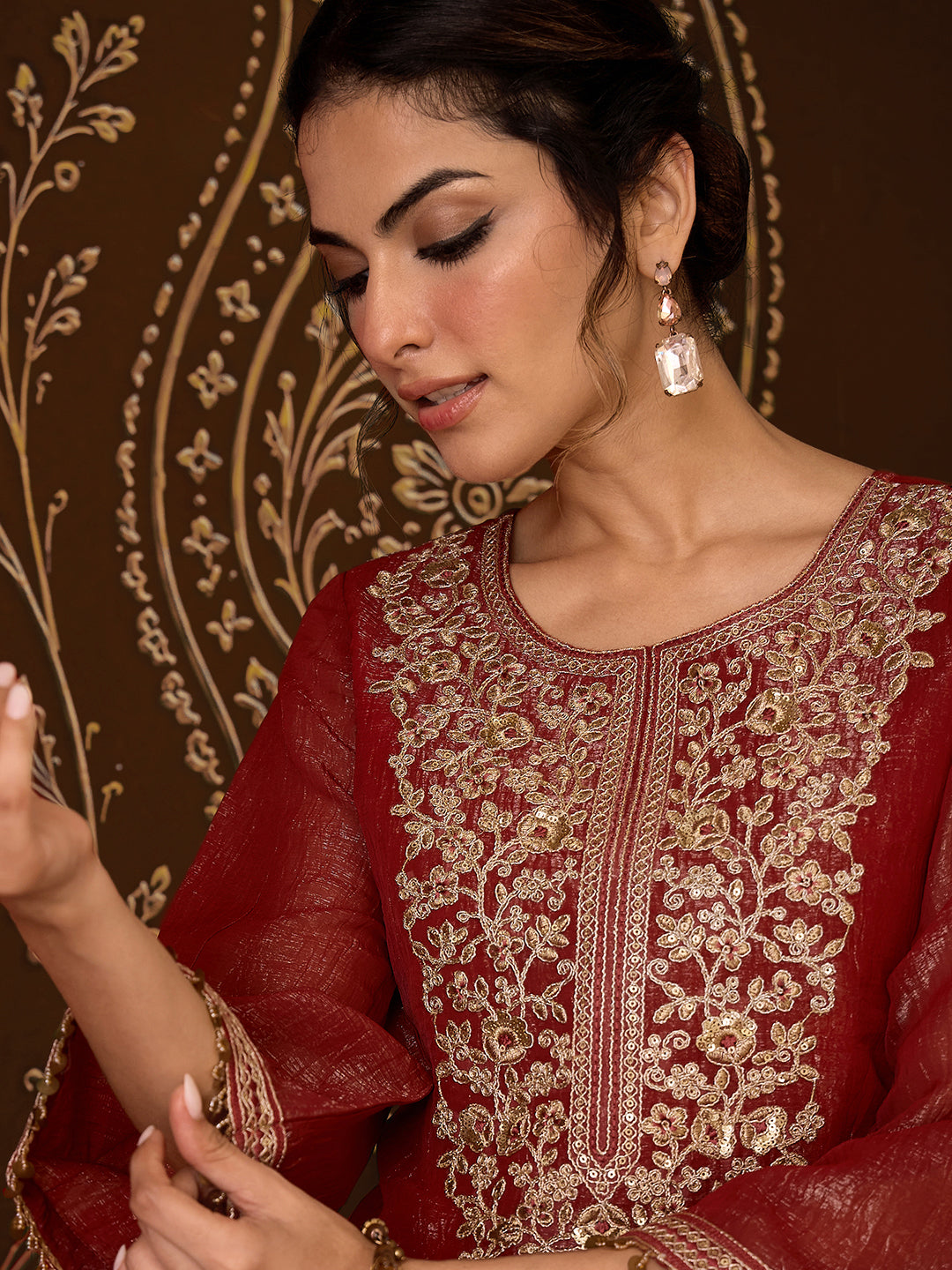 Janasya Women's Rust Tissue Silk Floral Zari Yoke Embroidered Straight Co-Ord Set