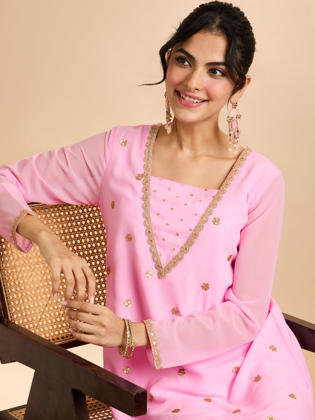 Janasya Women's Baby Pink Georgette Sequins Zari Embroidered A-Line Co-Ord Set