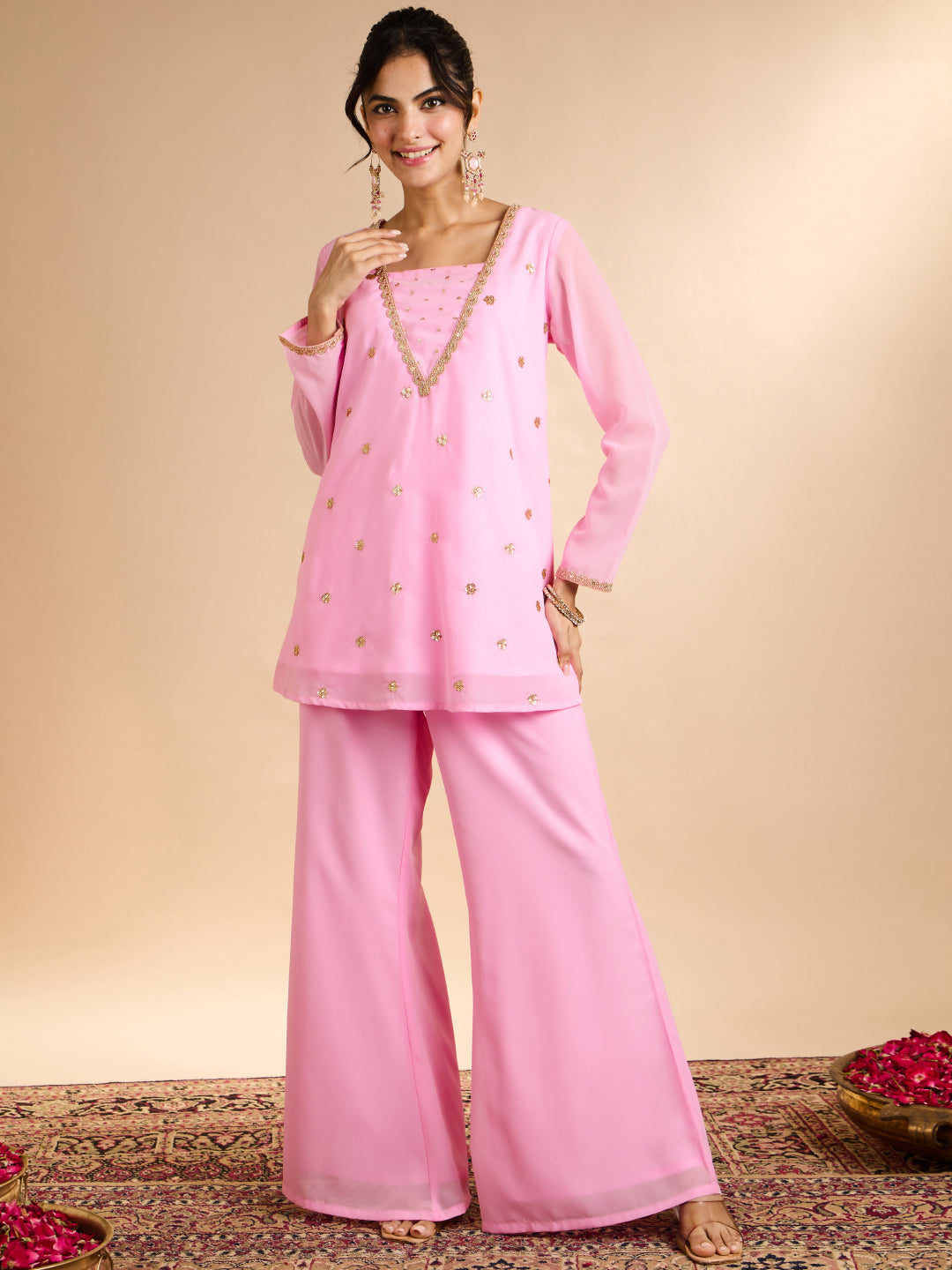 Janasya Women's Baby Pink Georgette Sequins Zari Embroidered A-Line Co-Ord Set