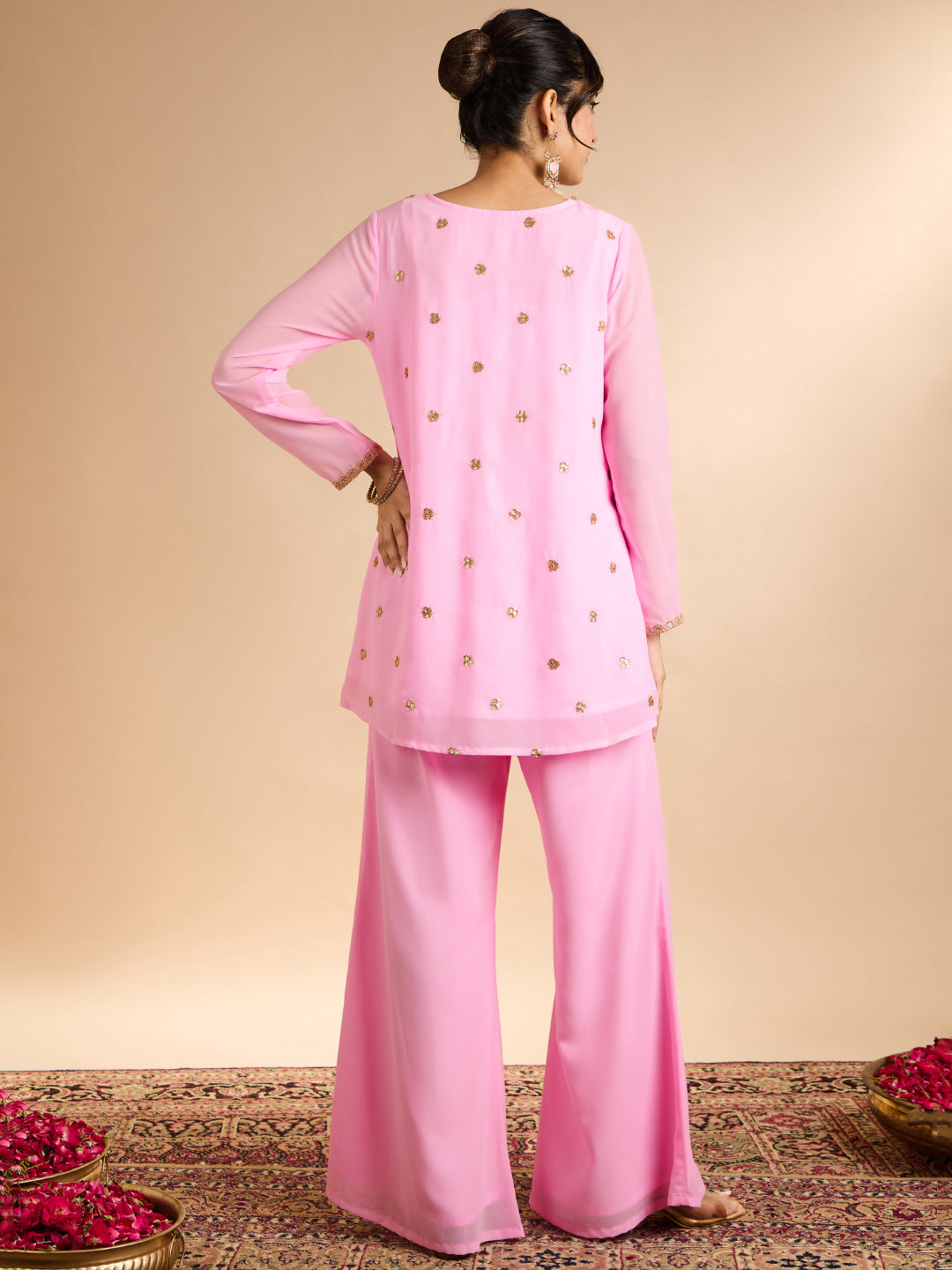 Janasya Women's Baby Pink Georgette Sequins Zari Embroidered A-Line Co-Ord Set