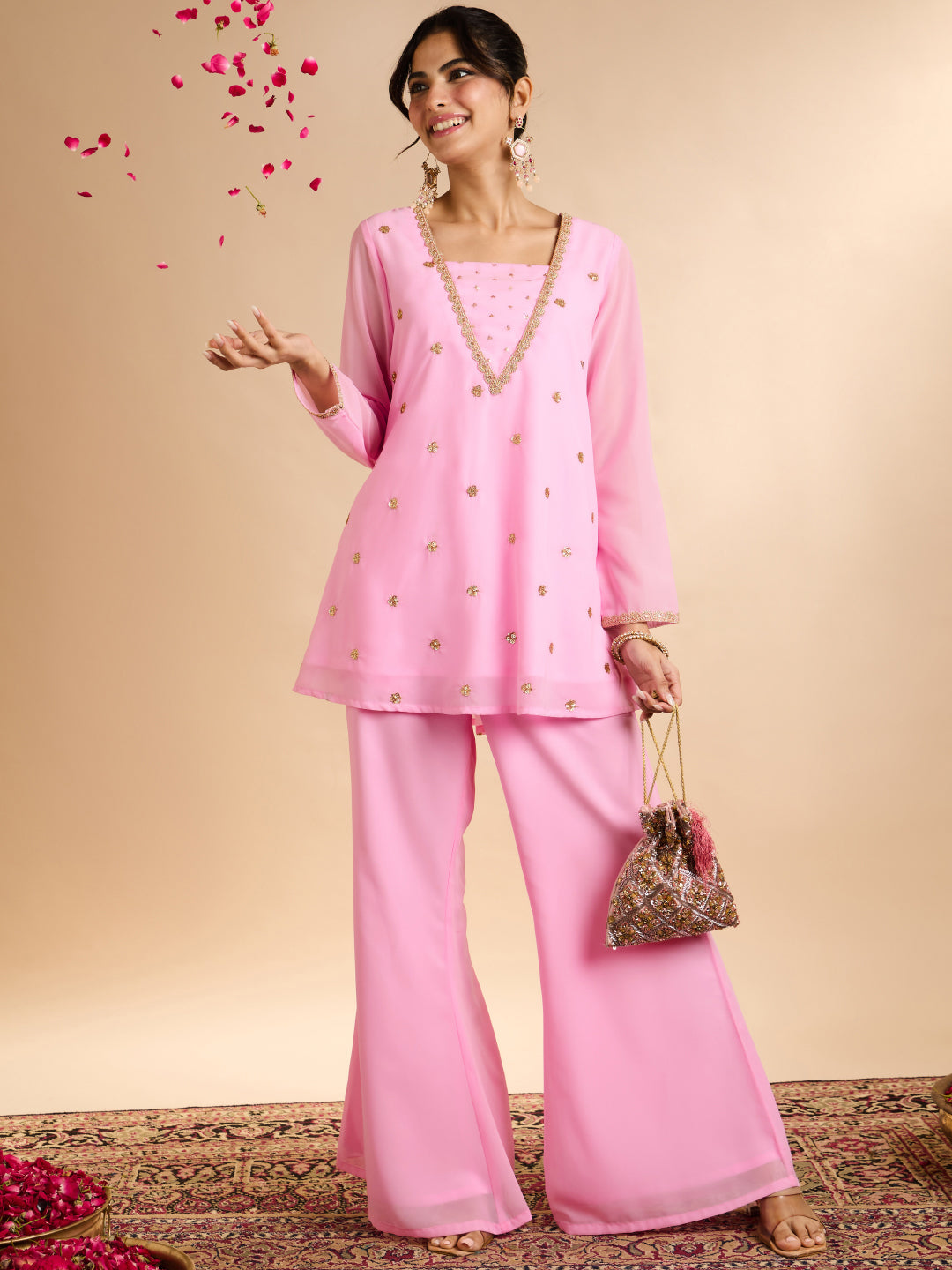 Janasya Women's Baby Pink Georgette Sequins Zari Embroidered A-Line Co-Ord Set