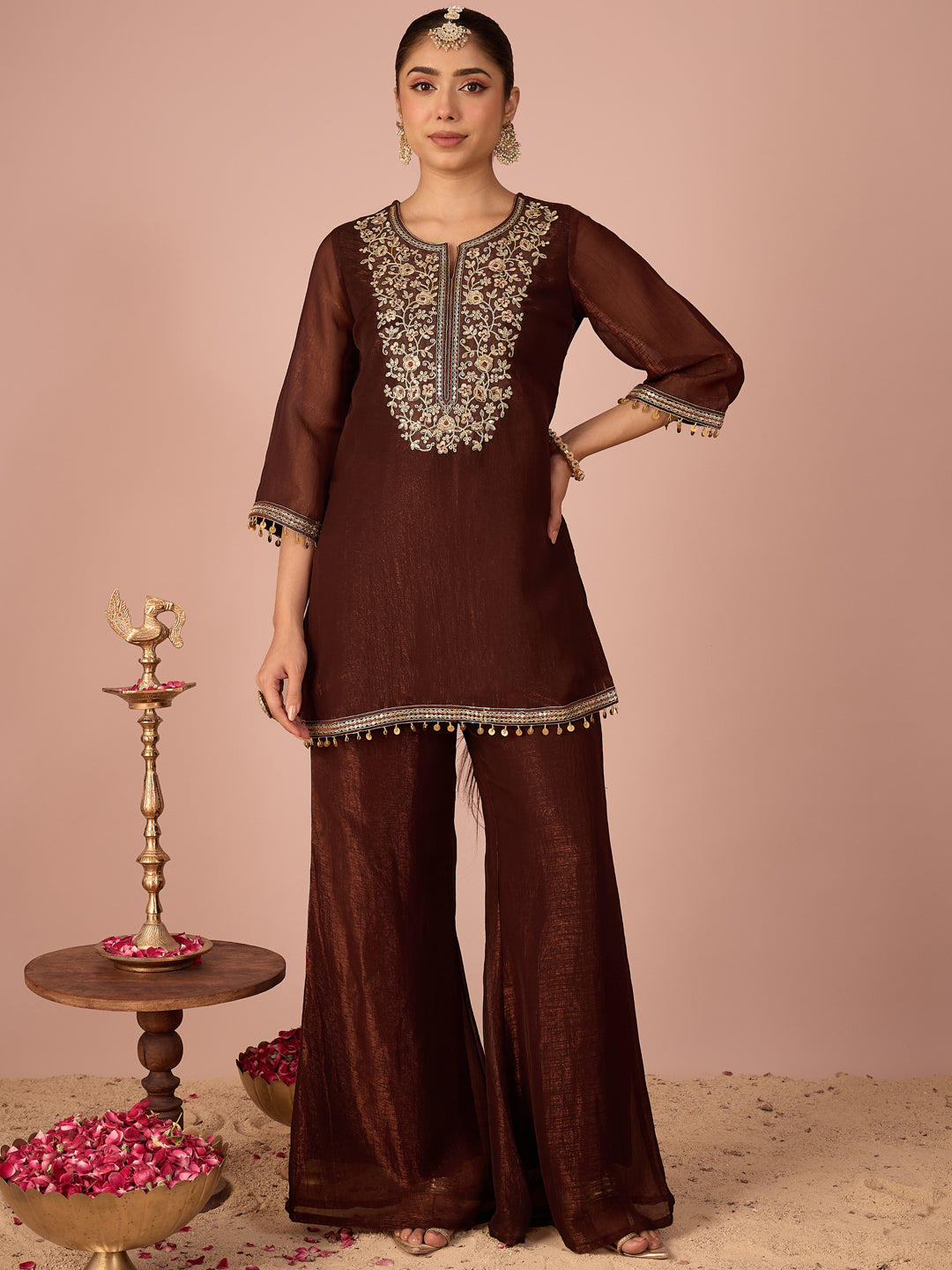 Janasya Women's Brown Tissue Silk Floral Sequins And Zari Yoke Embroidered Straight Co-Ord Set