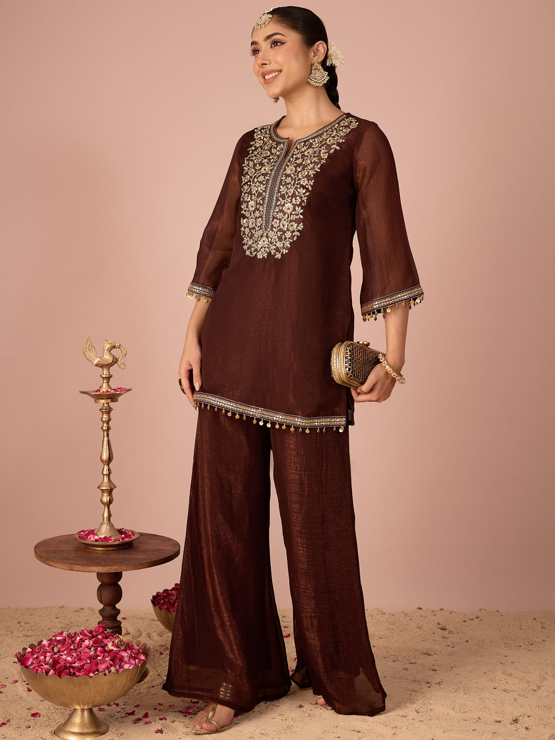 Janasya Women's Brown Tissue Silk Floral Sequins And Zari Yoke Embroidered Straight Co-Ord Set