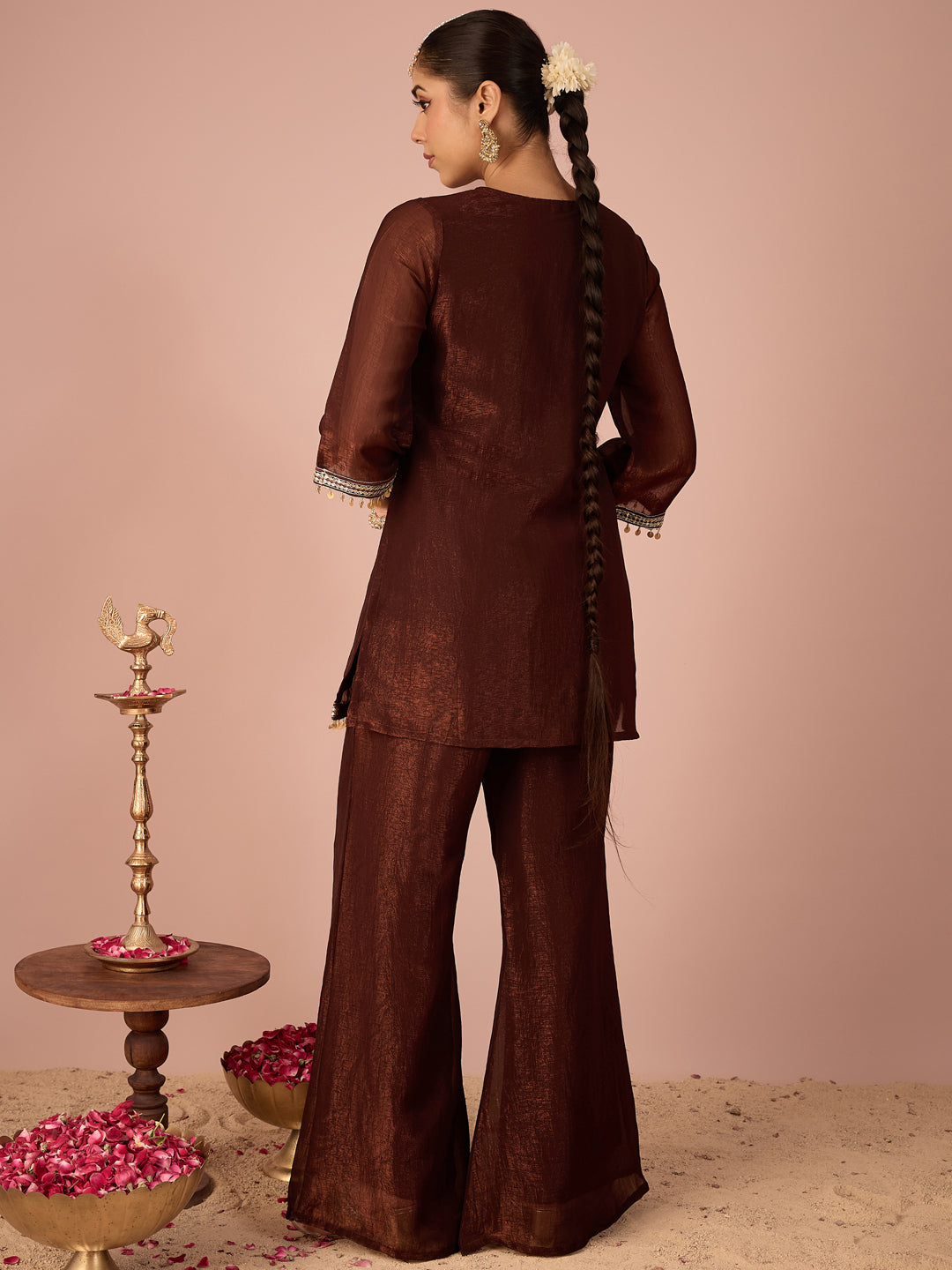Janasya Women's Brown Tissue Silk Floral Sequins And Zari Yoke Embroidered Straight Co-Ord Set