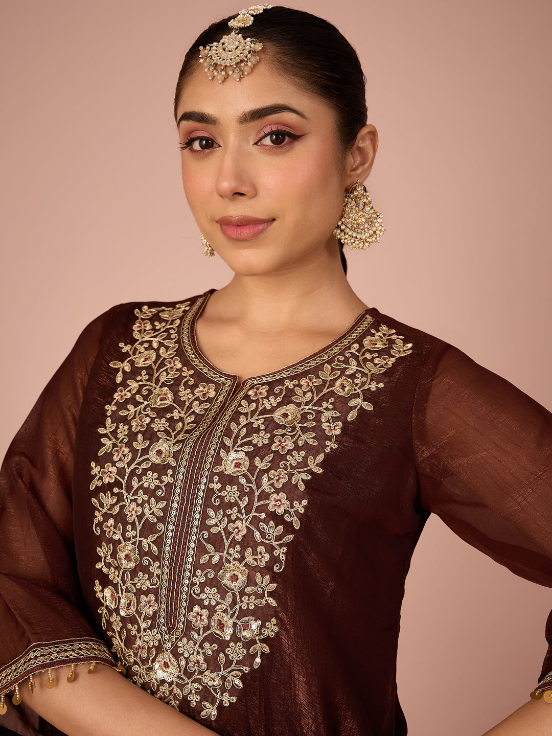 Janasya Women's Brown Tissue Silk Floral Sequins And Zari Yoke Embroidered Straight Co-Ord Set
