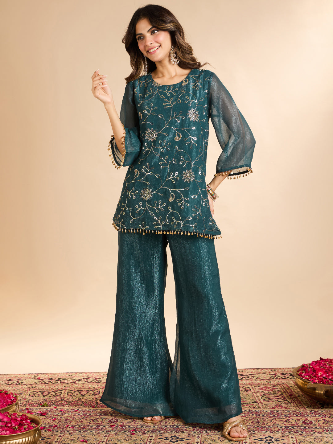 Janasya Women's Teal Blue Tissue Silk Sequin Beads Embroidered Straight Co-Ord Set