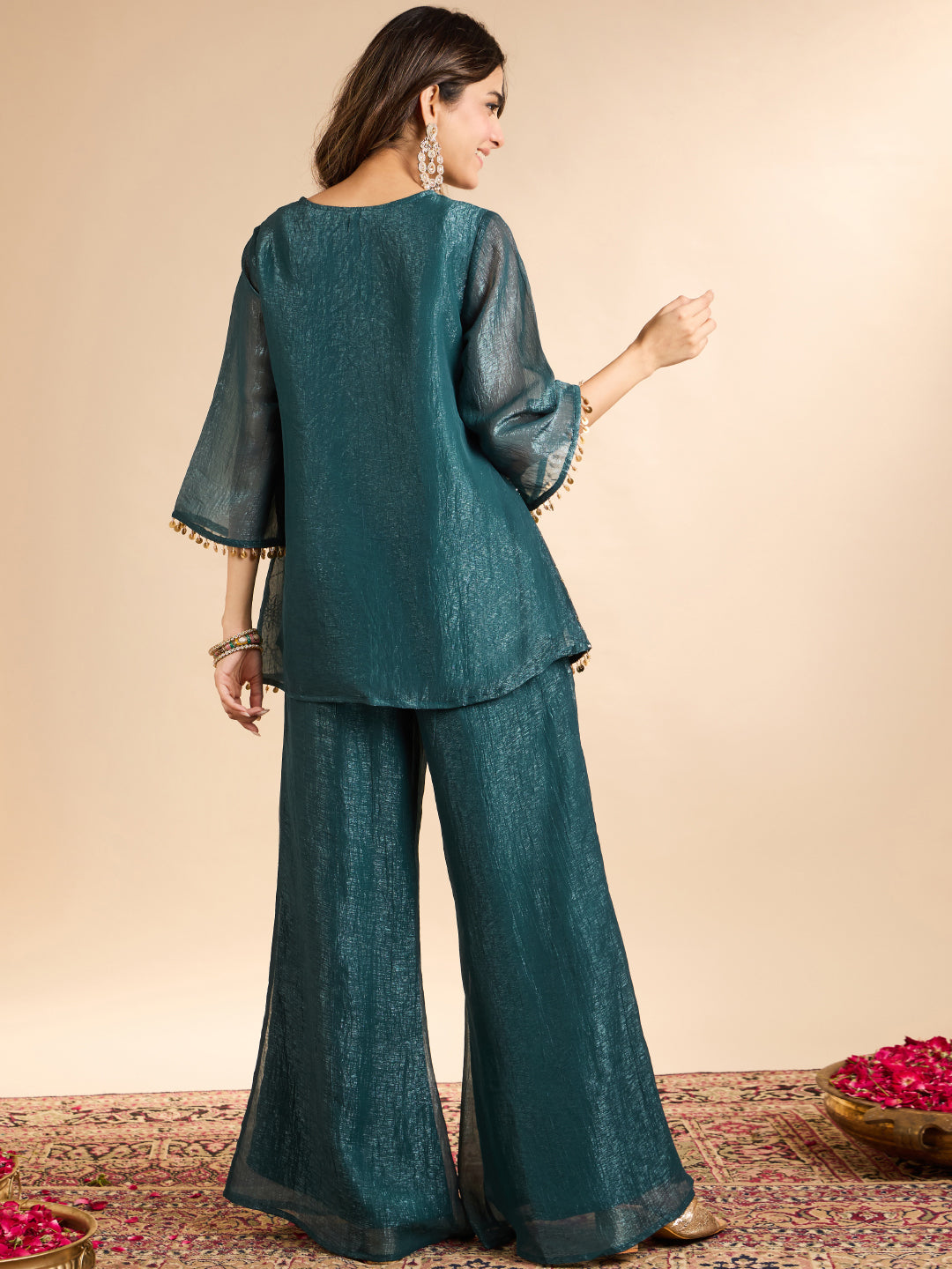 Janasya Women's Teal Blue Tissue Silk Sequin Beads Embroidered Straight Co-Ord Set