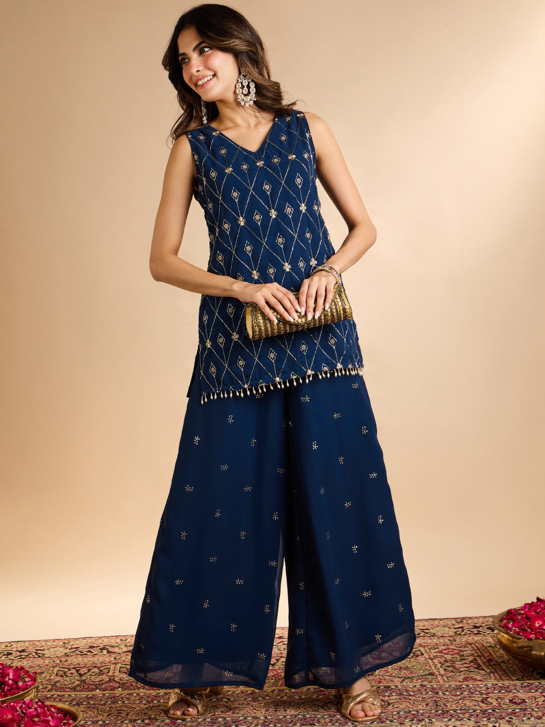 Janasya Women's Navy Blue Georgette Floral Beads Embroidered Straight Co-Ord Set