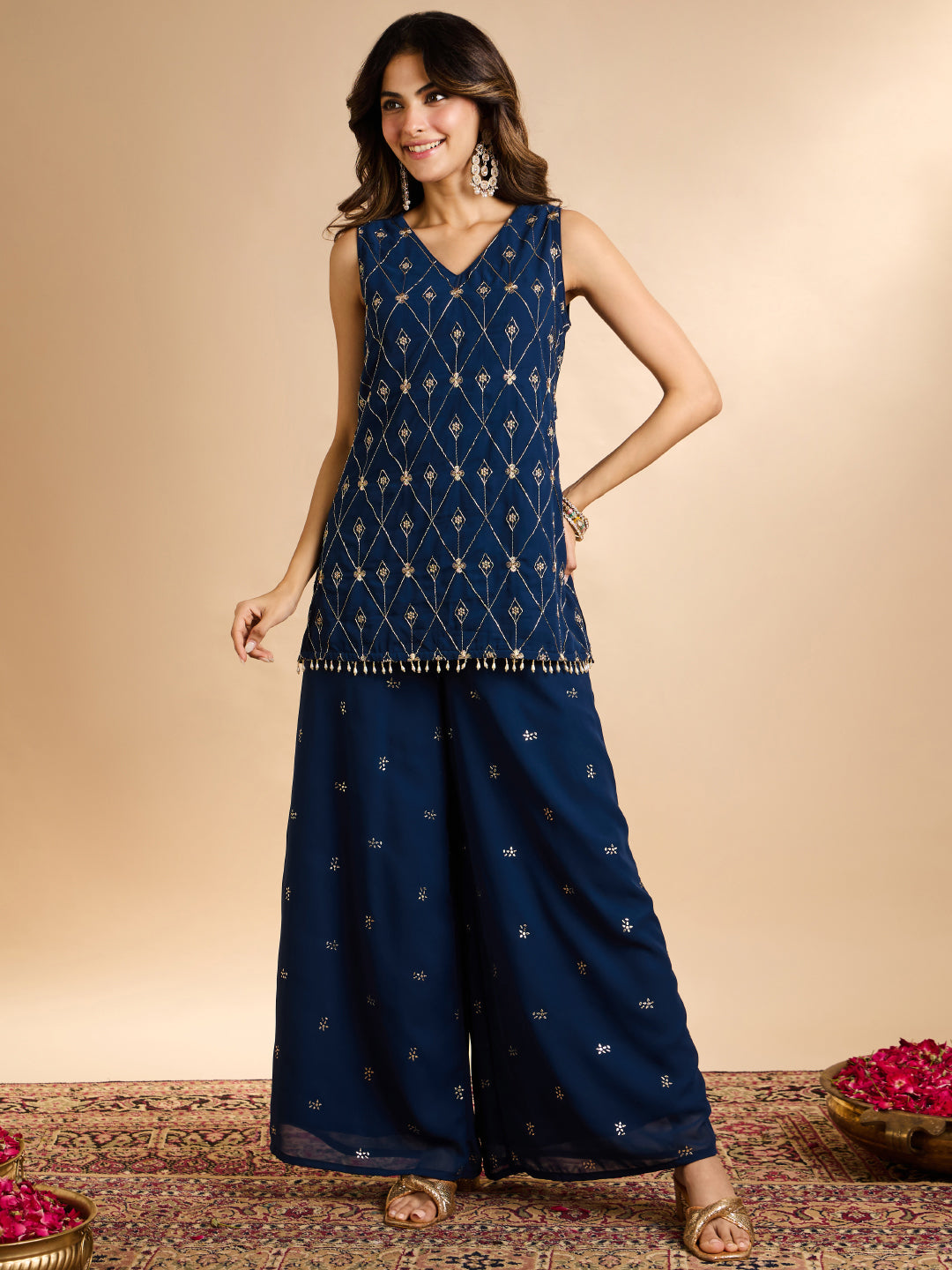 Janasya Women's Navy Blue Georgette Floral Beads Embroidered Straight Co-Ord Set