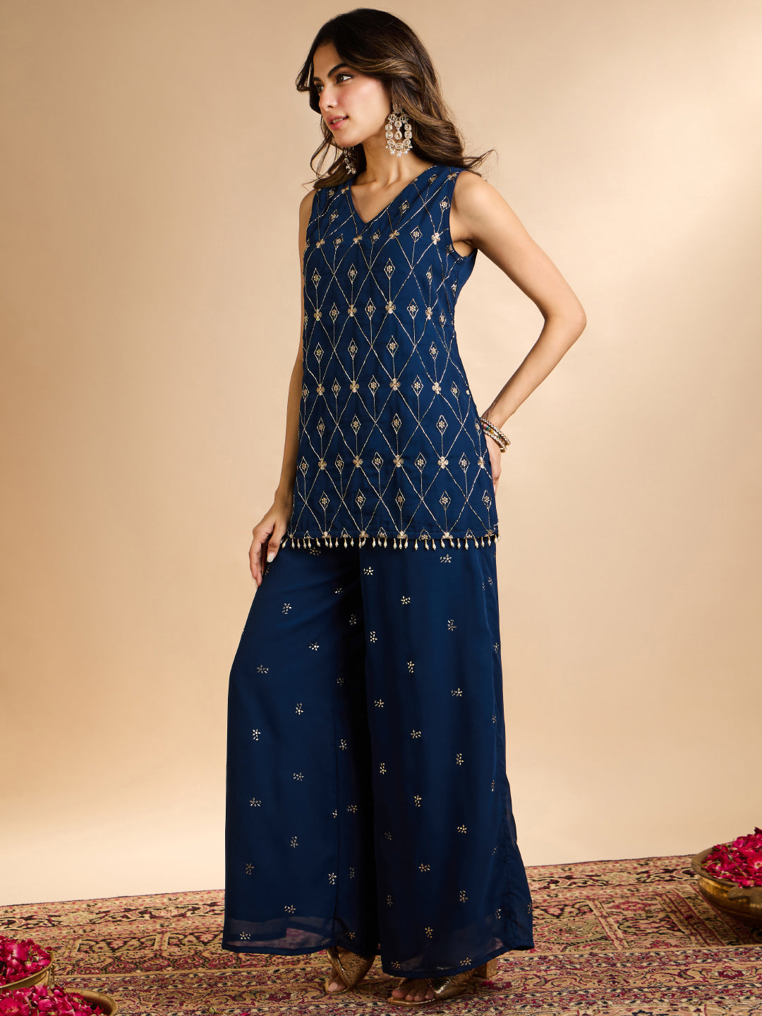 Janasya Women's Navy Blue Georgette Floral Beads Embroidered Straight Co-Ord Set