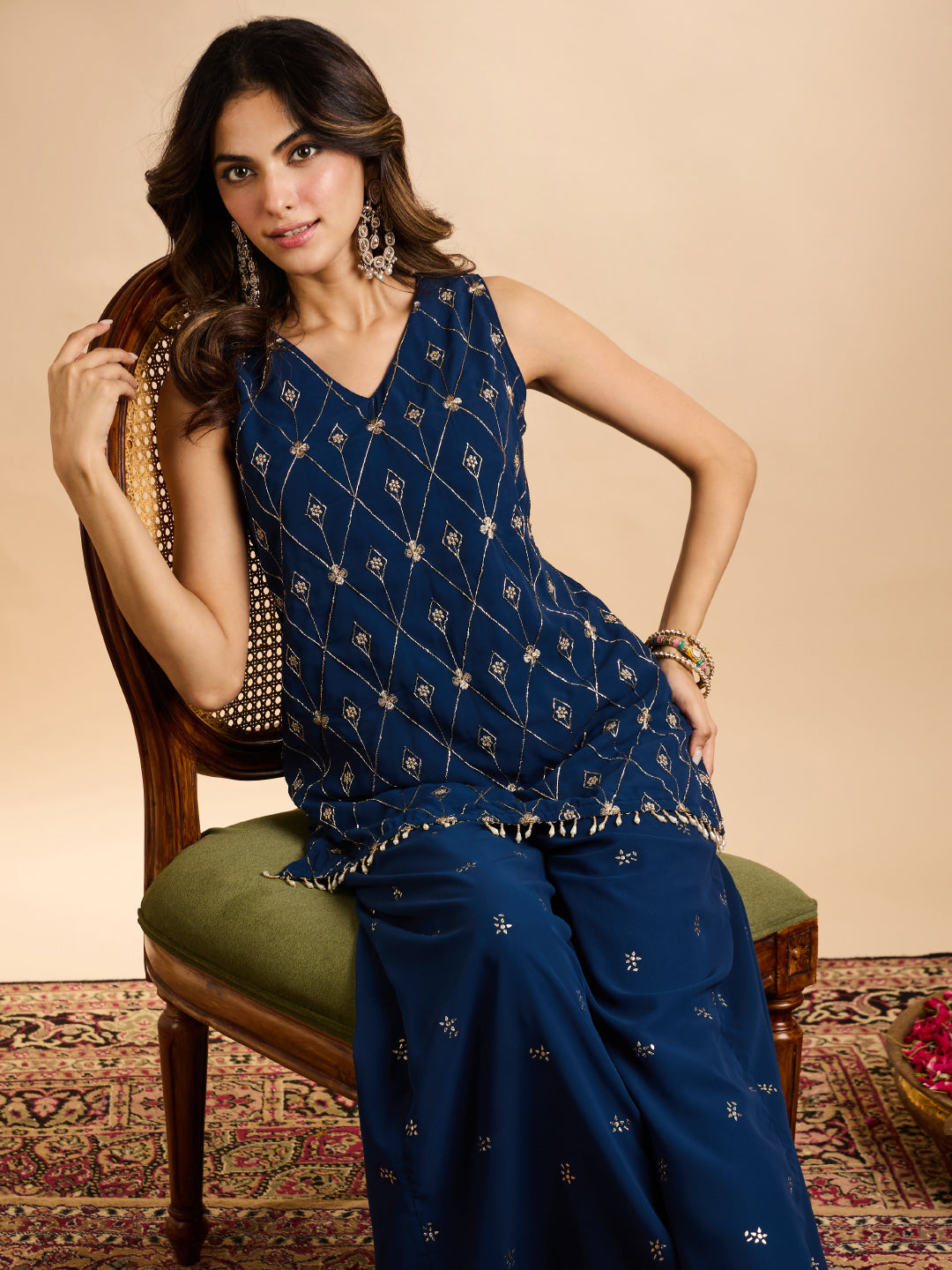 Janasya Women's Navy Blue Georgette Floral Beads Embroidered Straight Co-Ord Set