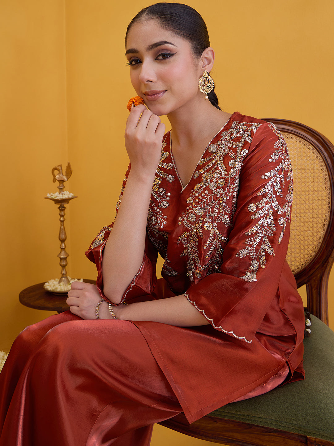 Janasya Women's Rust Silk Blend Floral Yoke Embroidered Straight Co-Ord Set