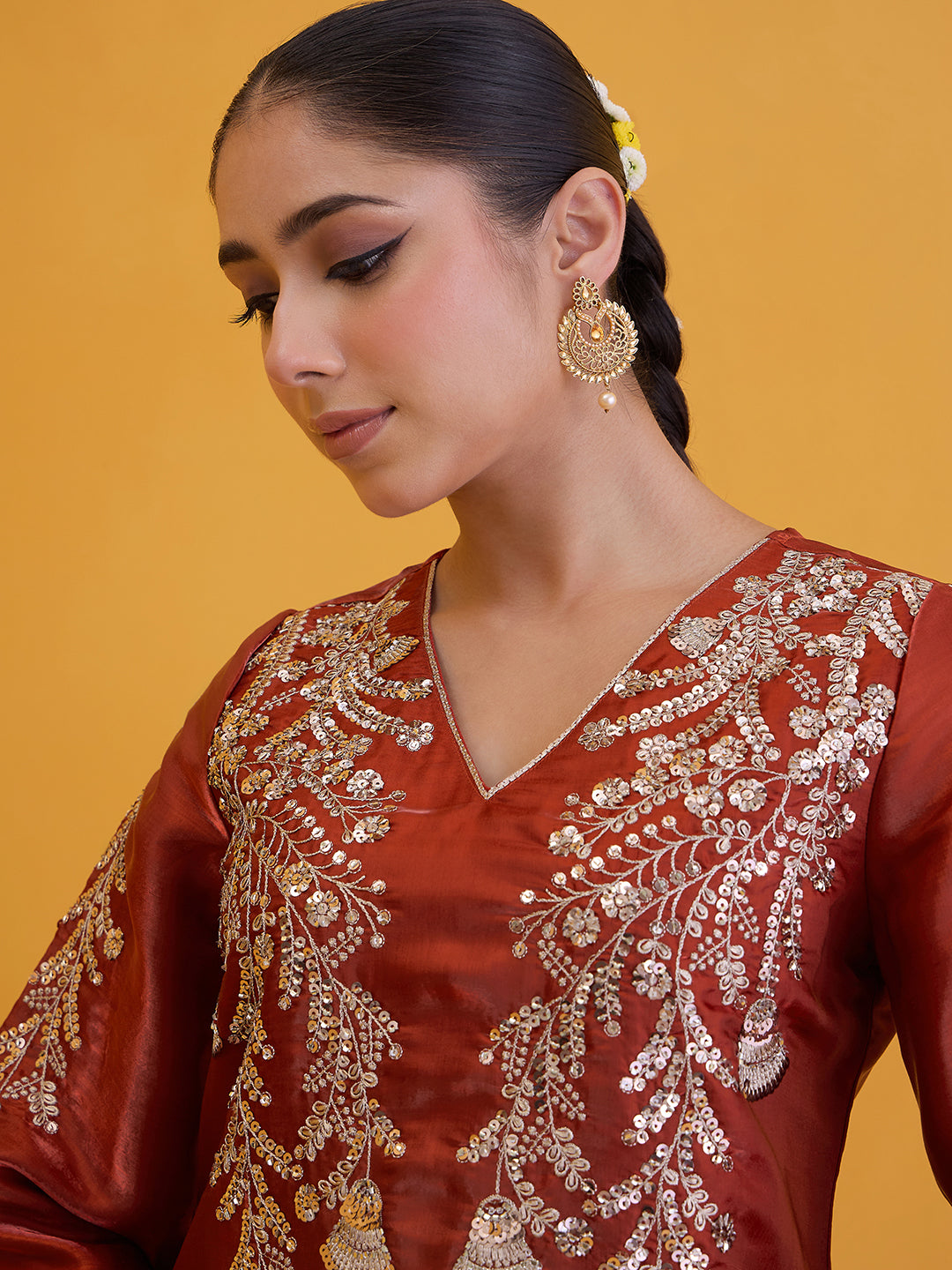 Janasya Women's Rust Silk Blend Floral Yoke Embroidered Straight Co-Ord Set