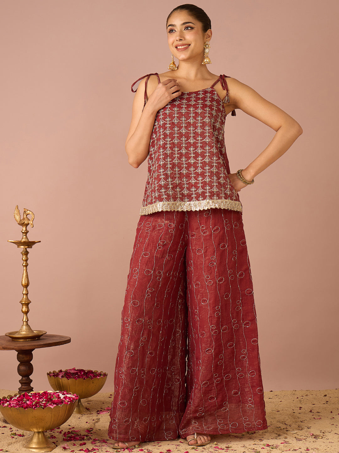 Janasya Women's Rust Tissue Silk Floral Zari Embroidered A-Line Co-Ord Set